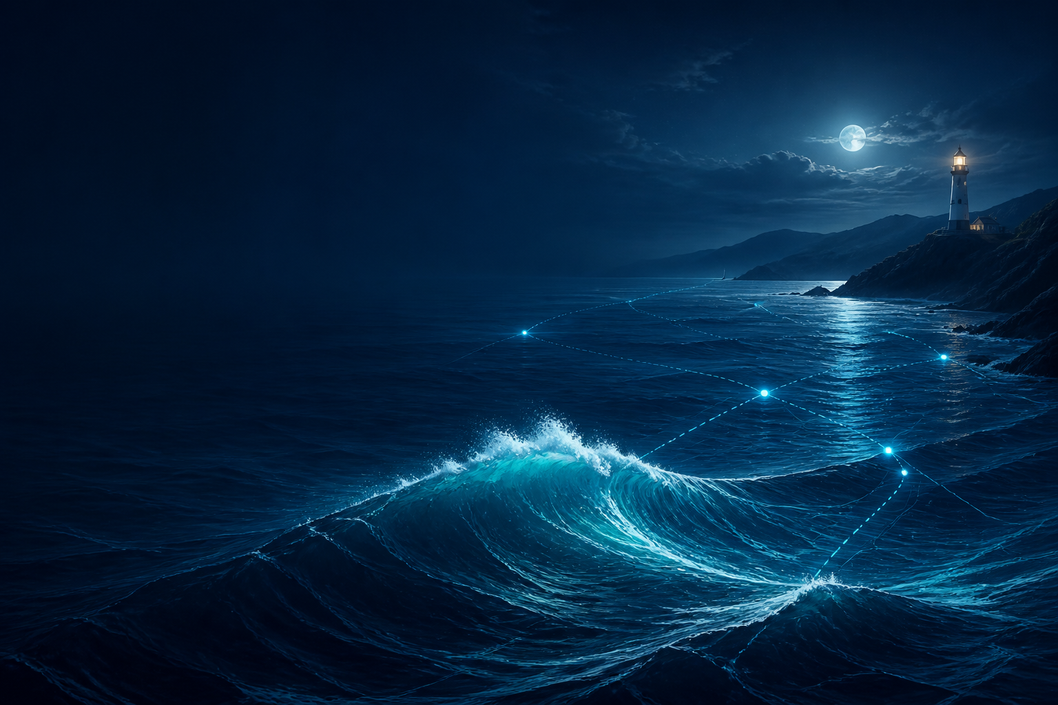 Oceano noturno com uma rota luminosa conectando pontos até um farol